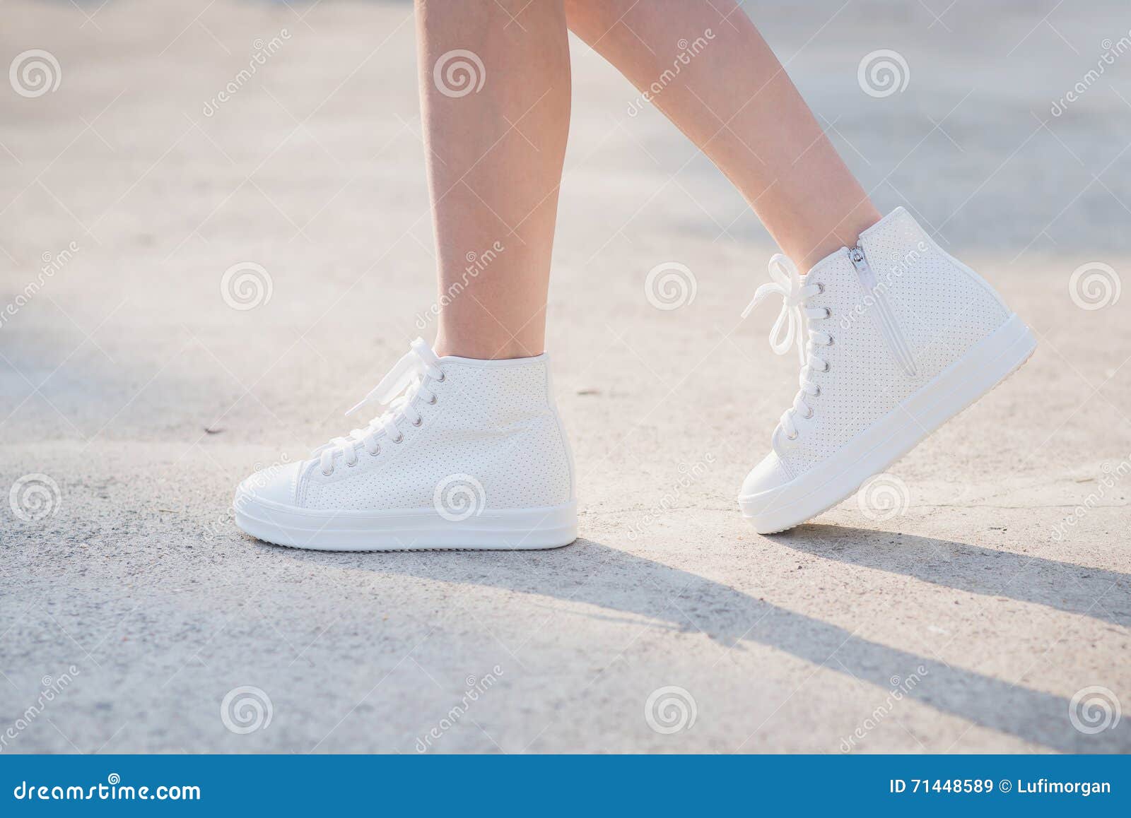 Woman in White Sneakers Walking Under Sunlight Stock Image - Image of ...