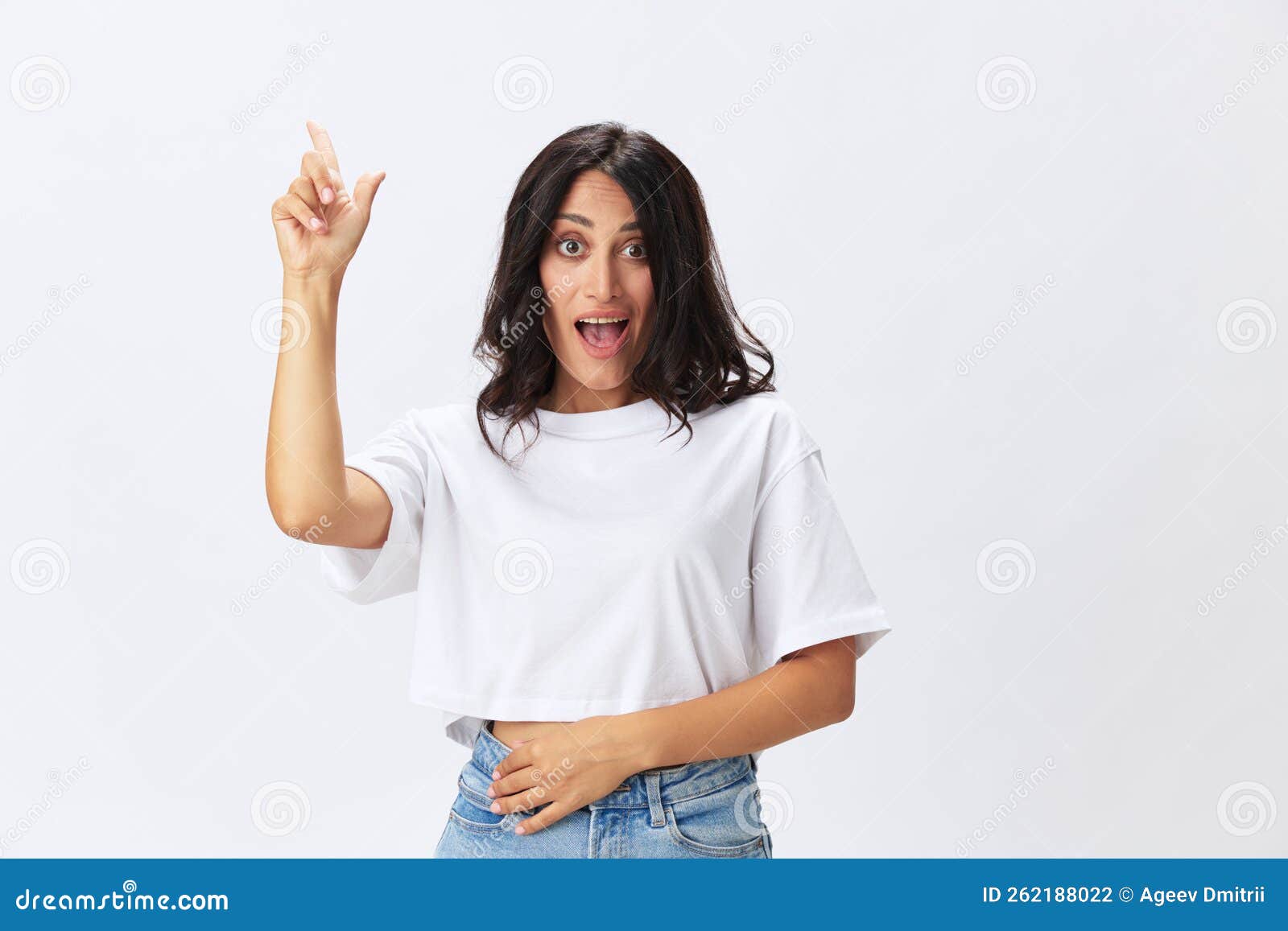 Woman in White T-shirt on White Background Brunette Hands Up Gestures ...