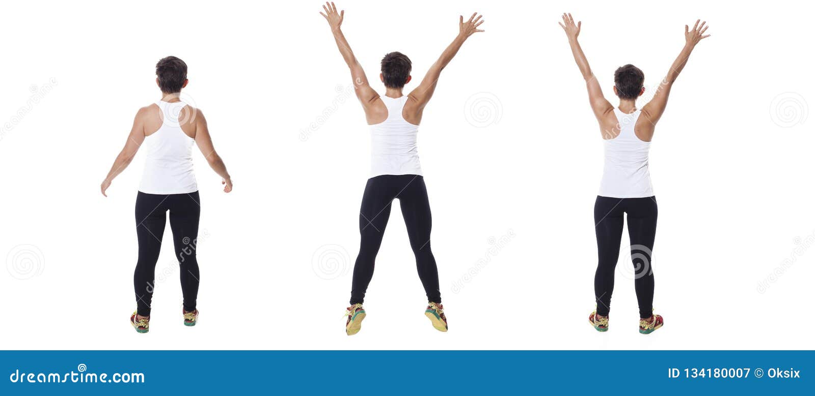 woman in white t-short jump in studio collage