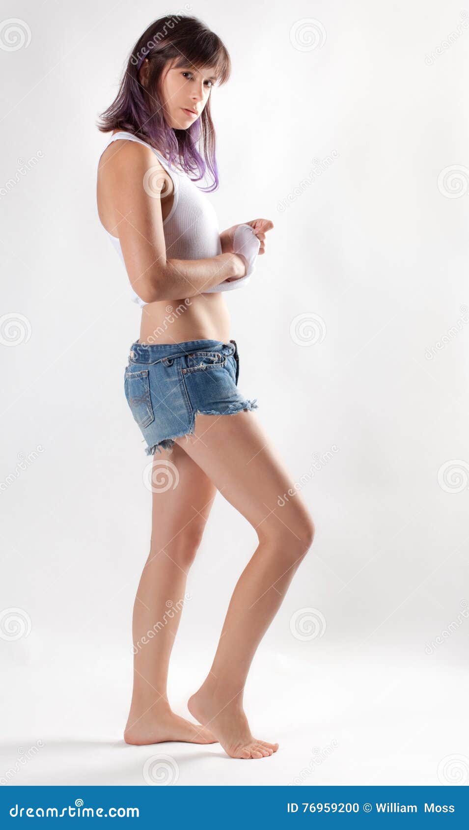 Woman White Tank Top Jean Shorts Stock Photos - Free & Royalty