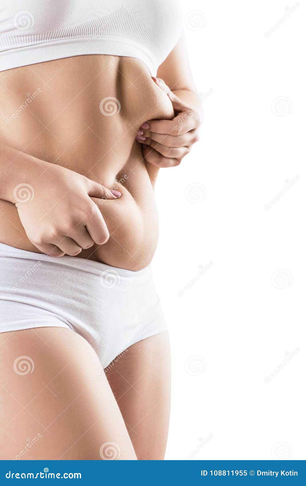 Woman in White Underwear Holds Belly Fat. Stock Image - Image of