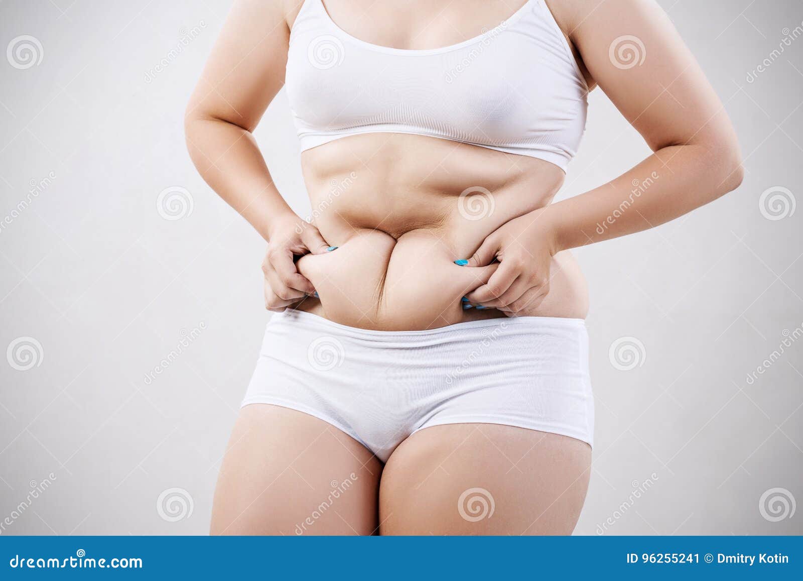 Woman in White Underwear Holds Belly Fat. Stock Image - Image of