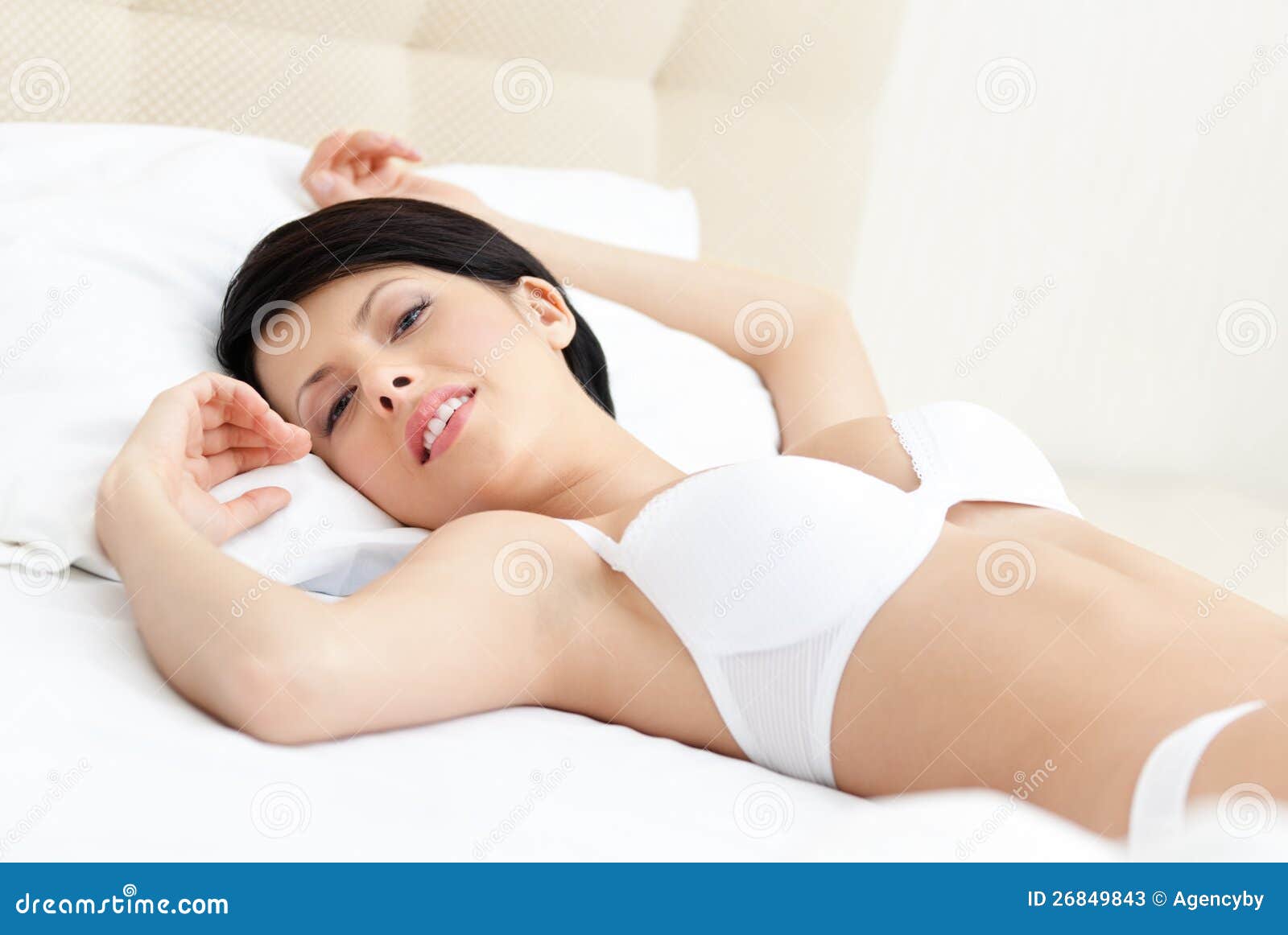 Woman in White Underwear is Lying in the Soft Bed Stock Image - Image of  bedroom, girl: 26849843