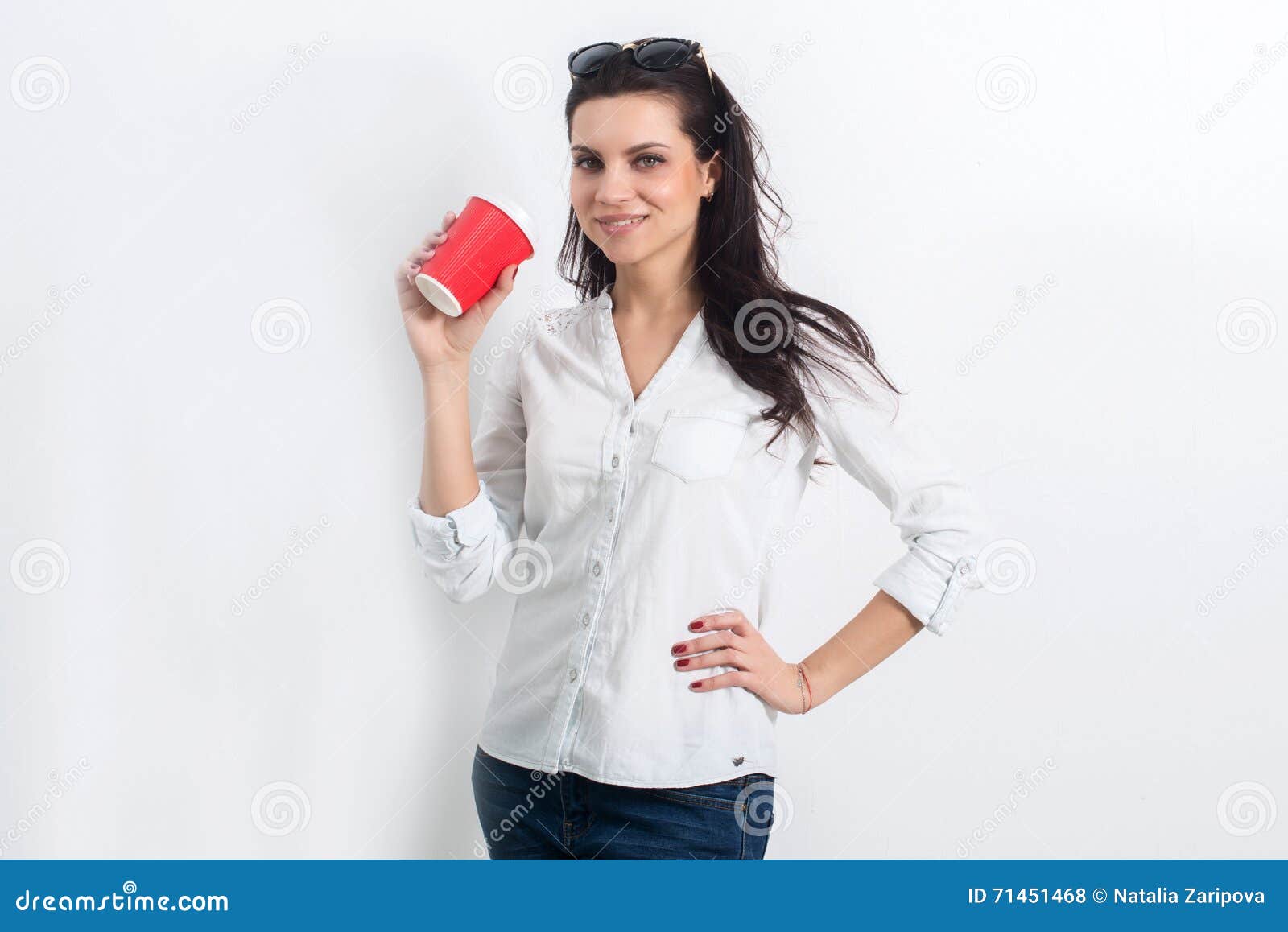 Woman on White Wall with Takeaway Coffee Stock Photo - Image of braid ...