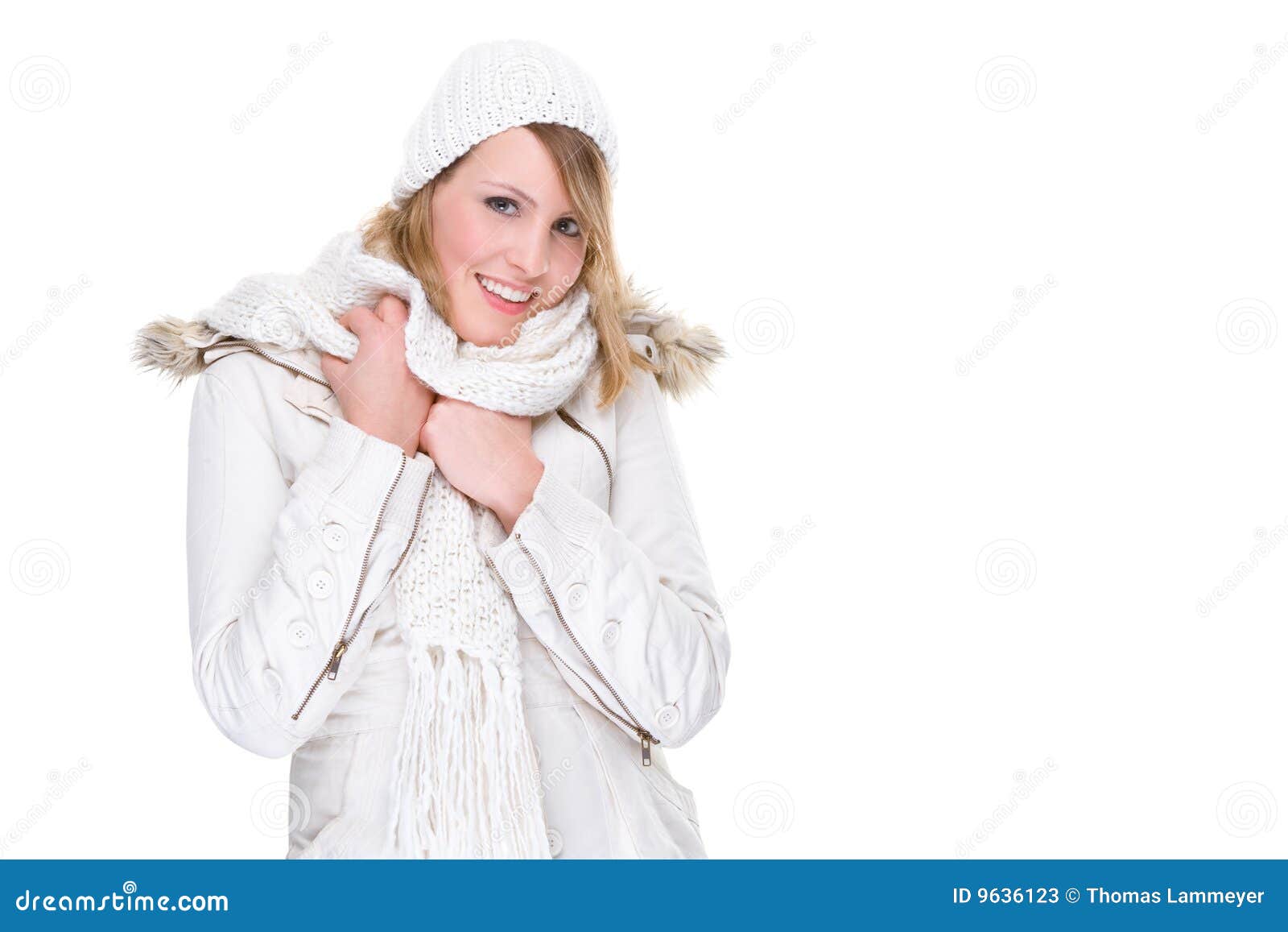 Woman in White Winter Clothes Stock Image - Image of blond, jacket: 9636123