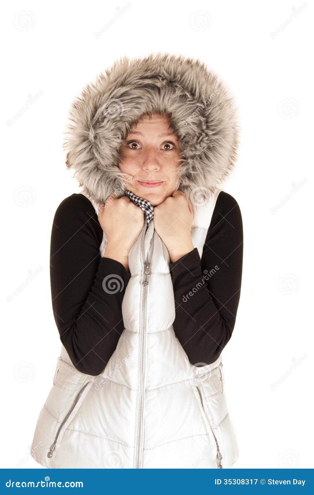 Woman in a White Winter Coat with a Fur Hood Stock Image - Image of ...