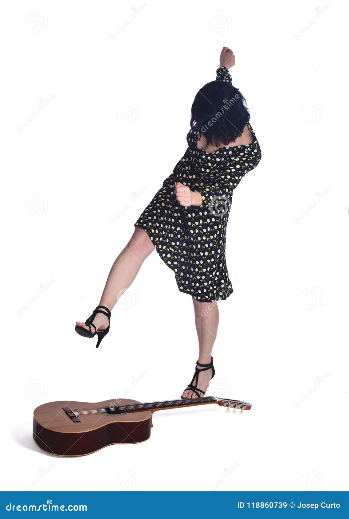 Woman Who Breaks a Guitar on White Stock Image Image of musical