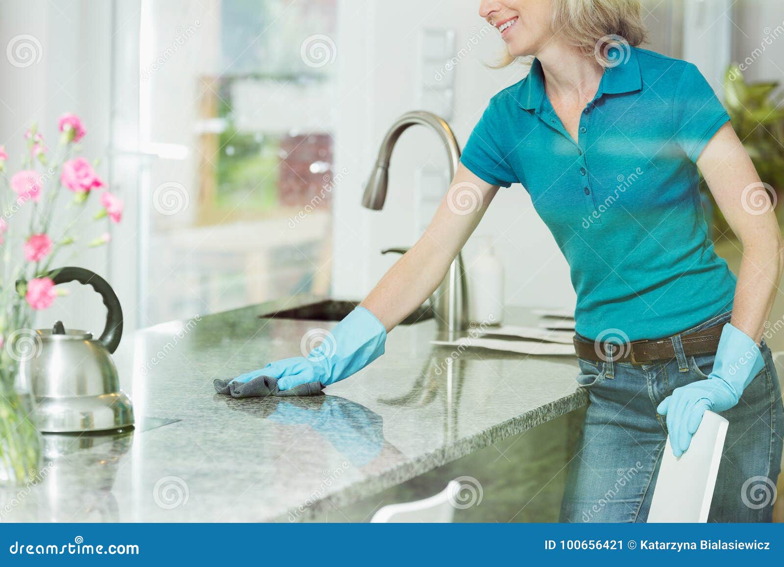 Woman Wiping Down Kitchen Countertop Stock Image Image Of Help