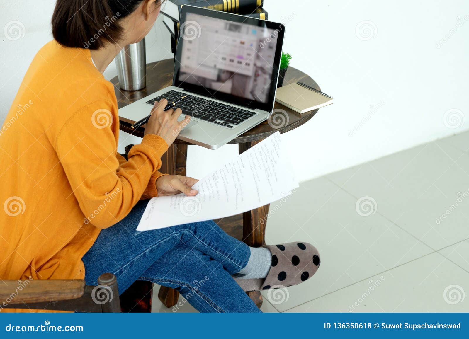 Woman Work at Home with Her Computer and Paper Stock Photo Image of