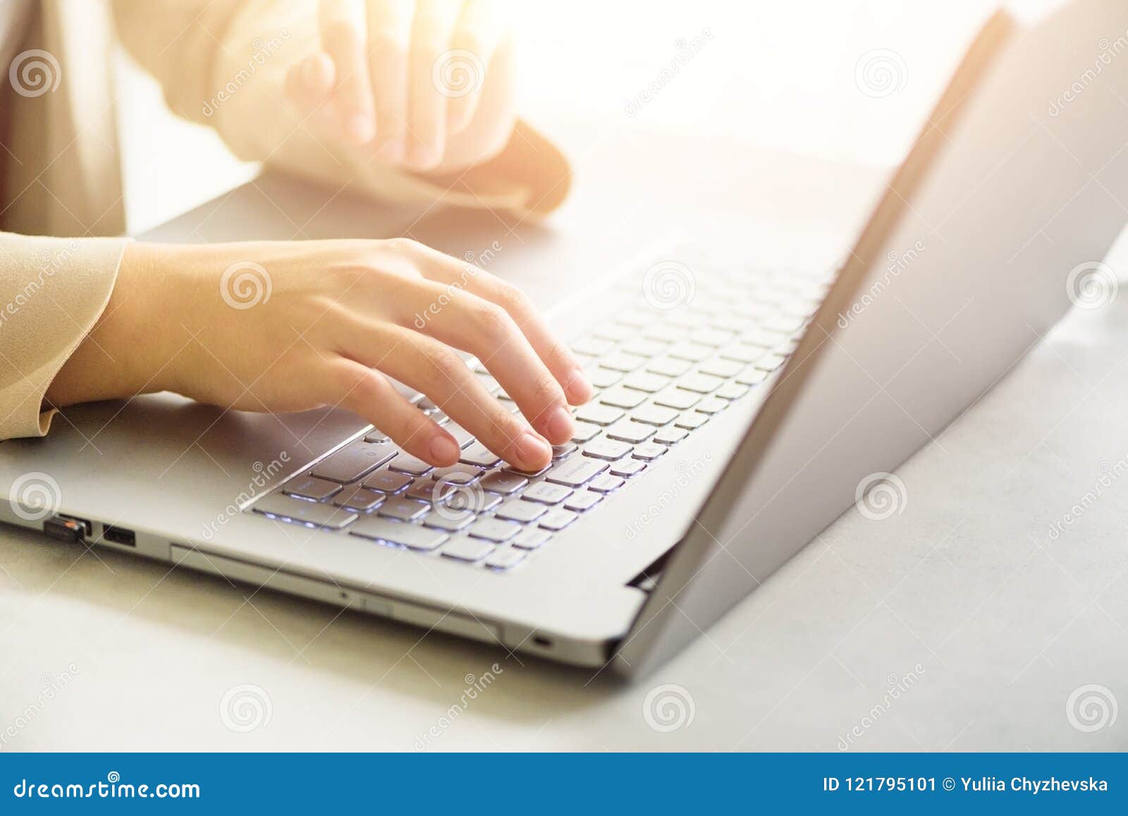 woman working on computer close up. woman hands typing on keyboard of laptop, online shopping detail. business, remote