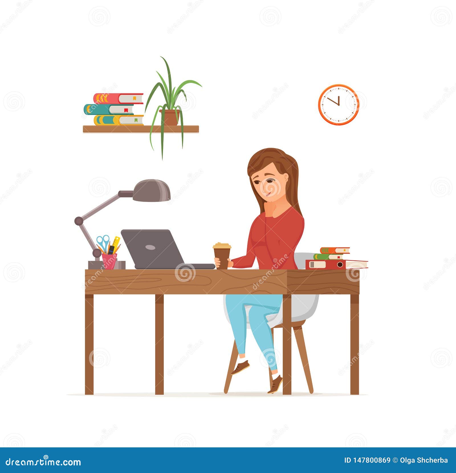 Woman Working On Computer Colorful Vector Concept Cartoon Flat