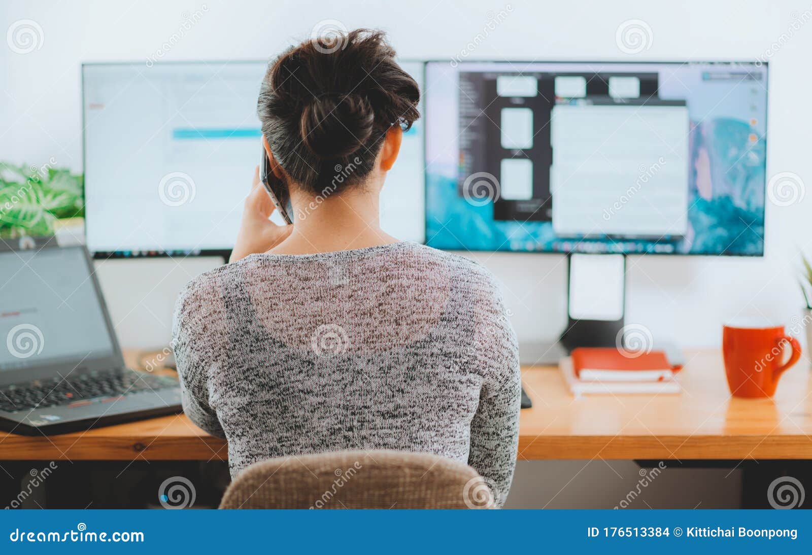woman working at home. office worker on quarantine. home working to avoid virus disease. freelancer or remote worker concept