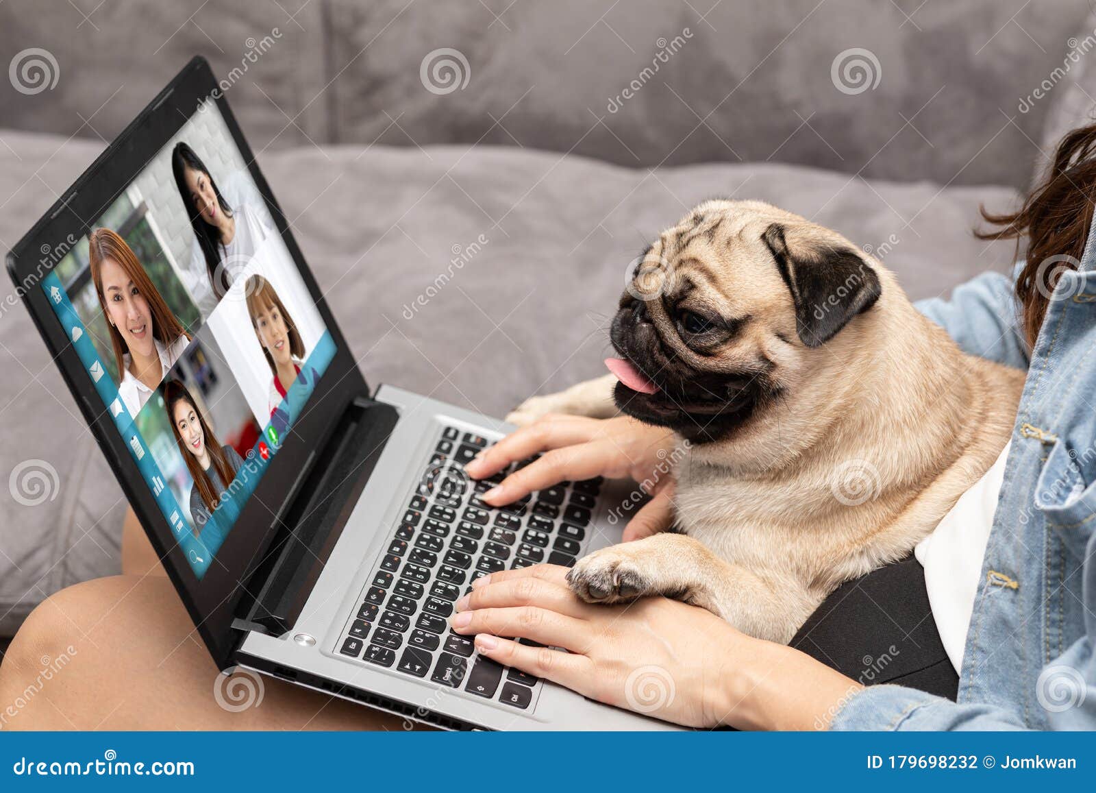 woman working on laptop with dog pug breed at home,woman vdo call conference to meeting business team