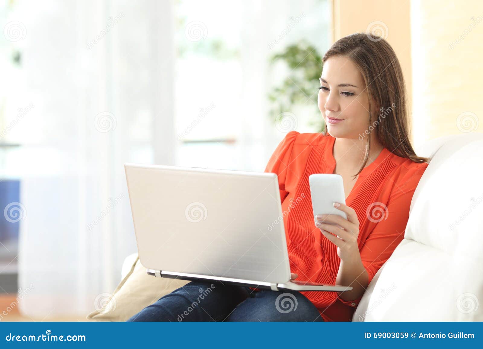 Woman Working with Laptop and Phone Stock Image - Image of adult ...