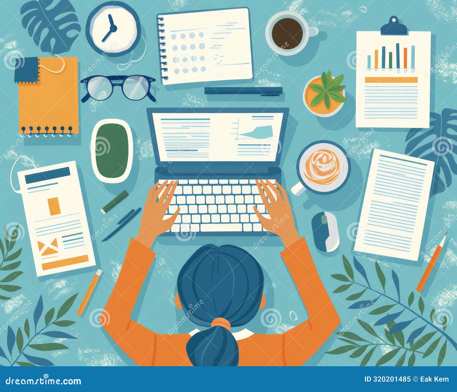 overhead view of workspace with laptop, coffee, office supplies, and plant creating the perfect environment for productivity,
