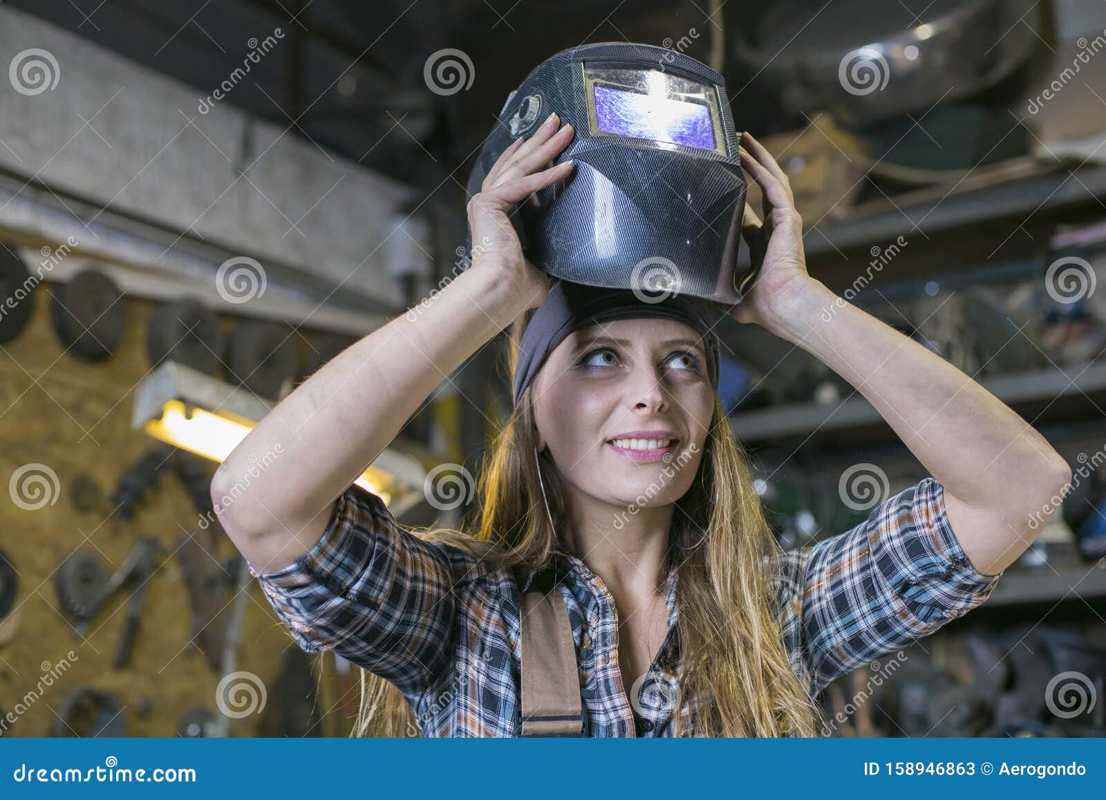 Woman in Putting on Welding Mask Stock Image Image of business, portrait 158946863