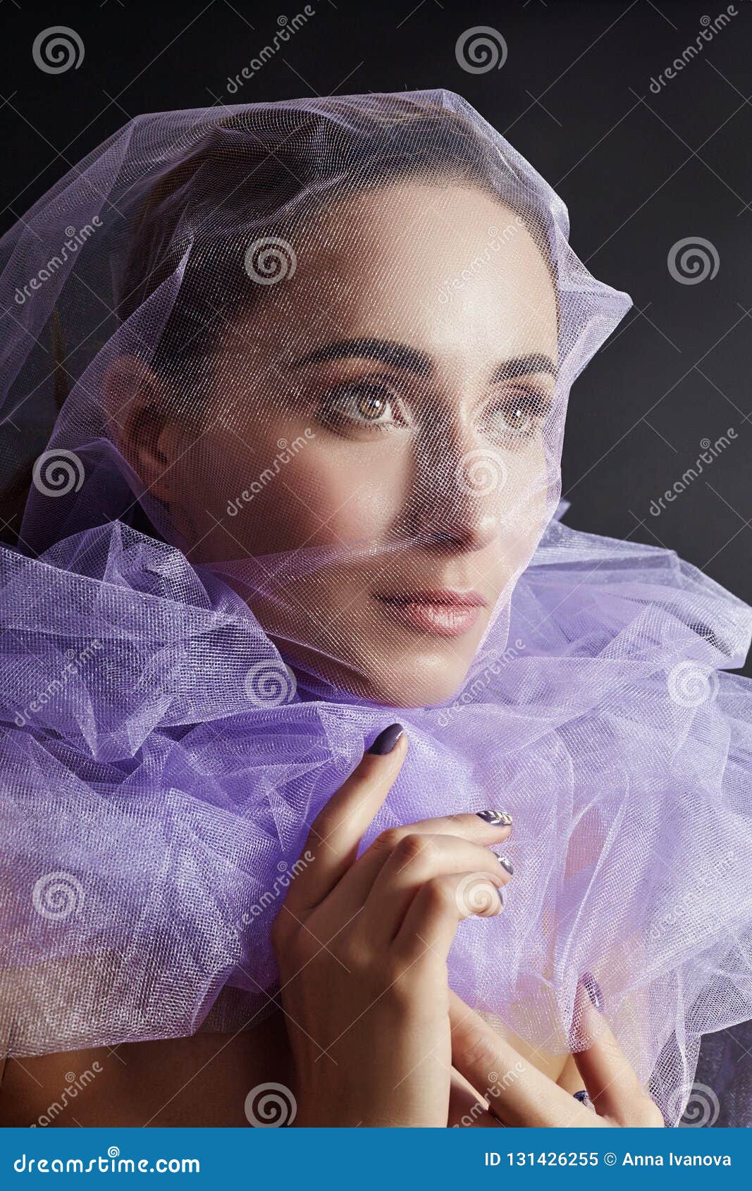 Woman Wrapped In Purple Fabric Beautiful Slim Figure Purity And Integrity Luxurious Nude