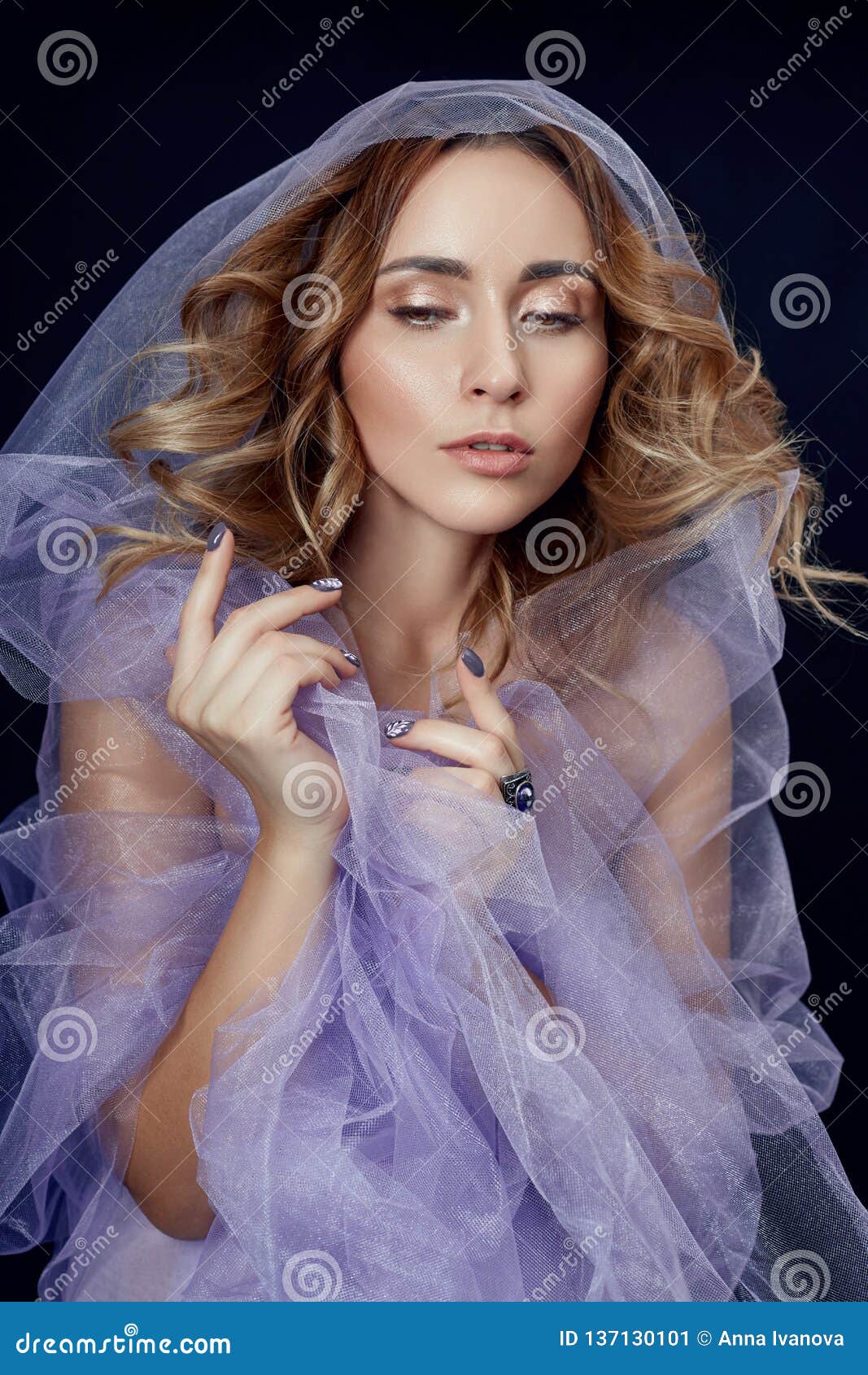 Woman Wrapped In Purple Fabric Beautiful Slim Figure