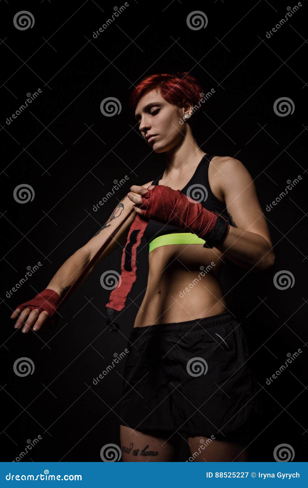 Woman is Wrapping Hands with Red Boxing Wraps Stock Image Image of
