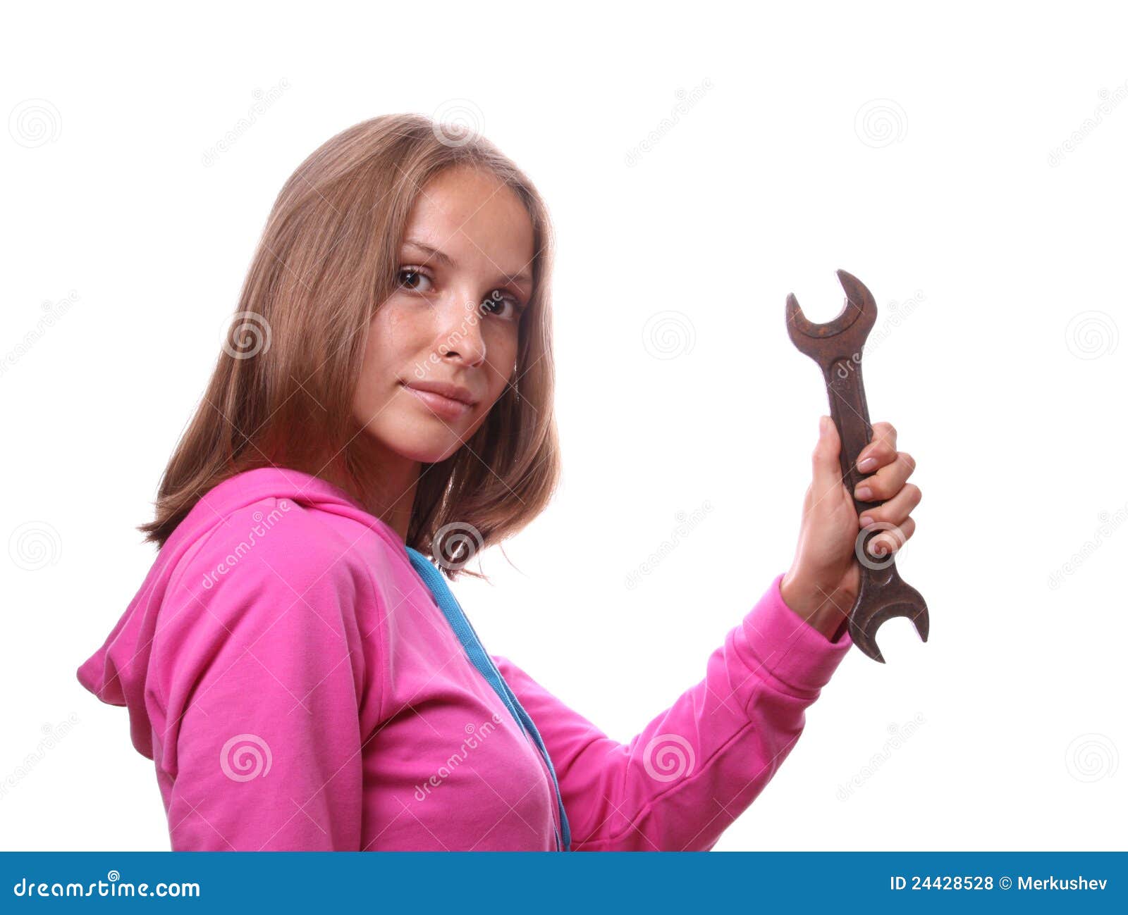 Woman with Wrench, Isolated Stock Photo Image of woman, repairing