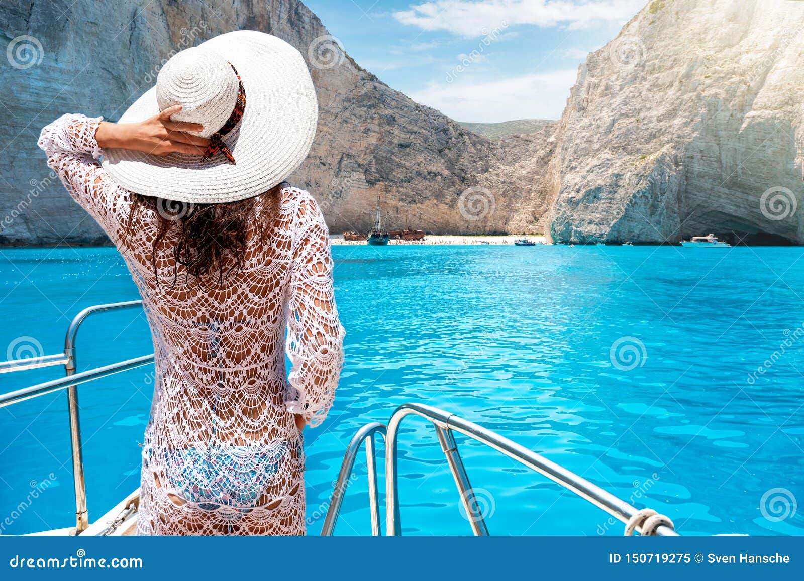 Woman on a Yacht on the Island of Zakynthos, Greece Stock Image - Image