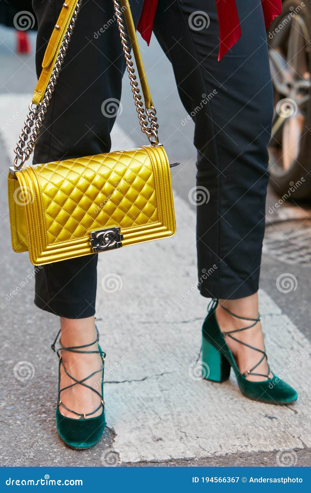 Woman with Yellow Chanel Bag and Green Velvet High Heel Shoes before Prada  Fashion Show, Milan Fashion Week Editorial Photography - Image of stylish,  chanel: 194566367