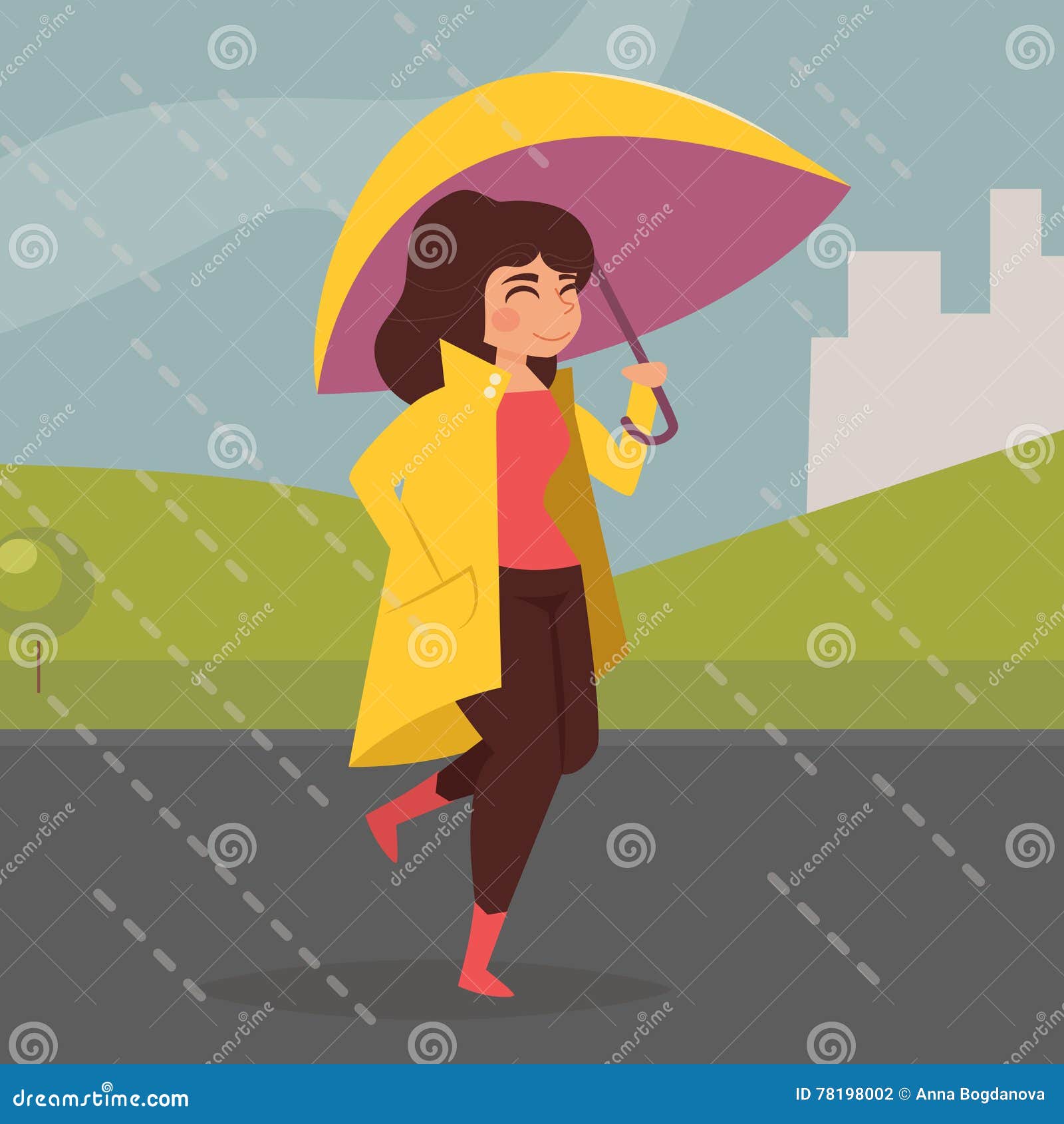 Woman in yellow coat stock vector. Illustration of flat - 78198002