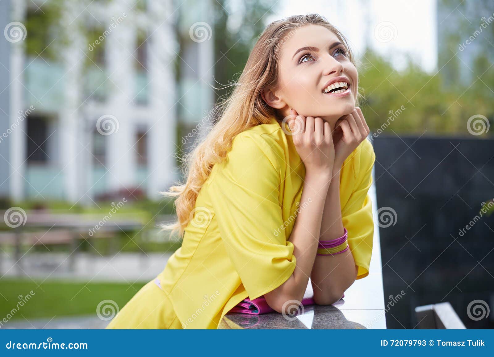 Woman in Yellow Dress Posing Outdoors Stock Image - Image of city ...