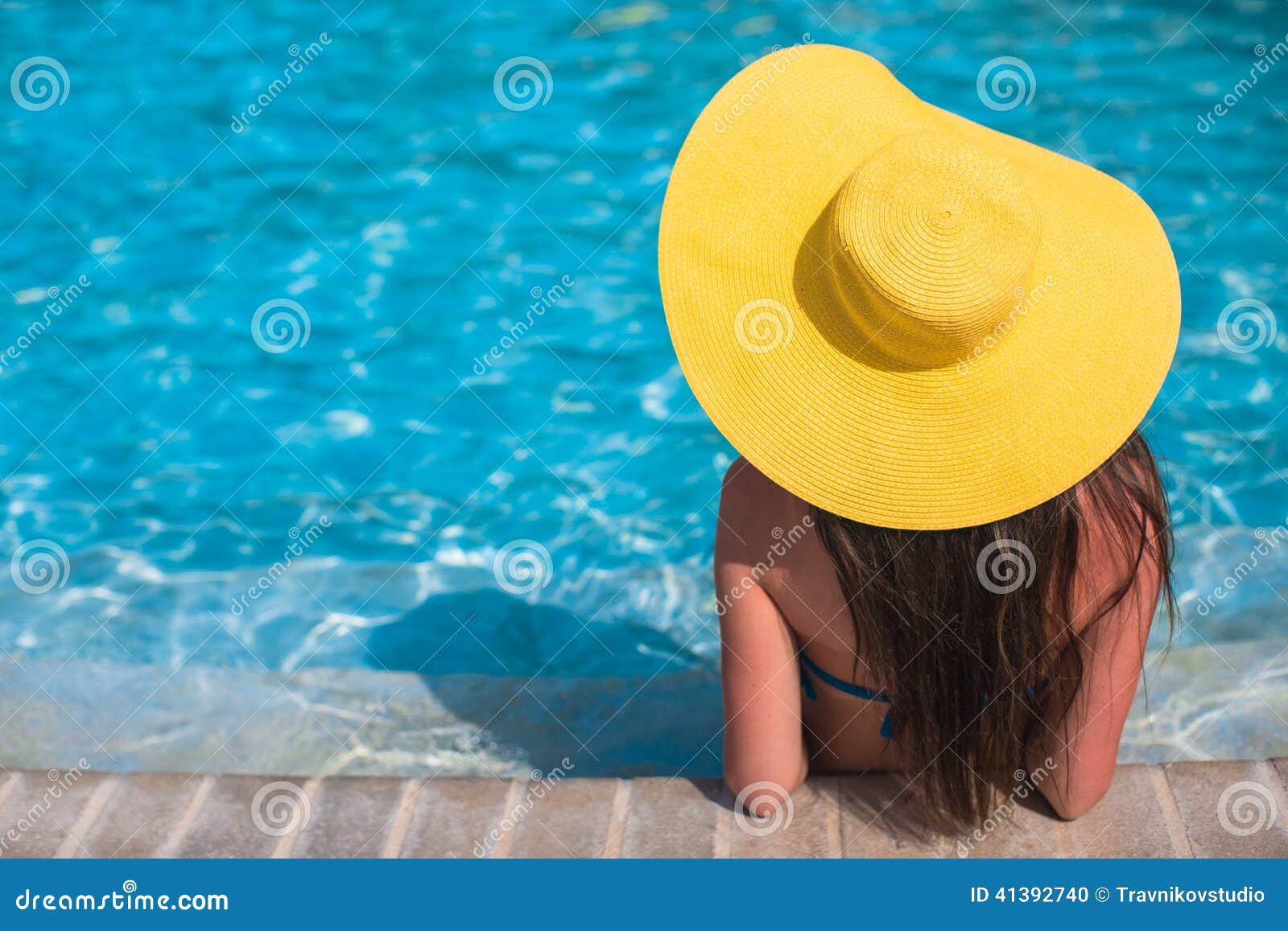 Woman with Yellow Hat Relaxing at Swimming Pool in Stock Photo - Image of  resort, beach: 41392740