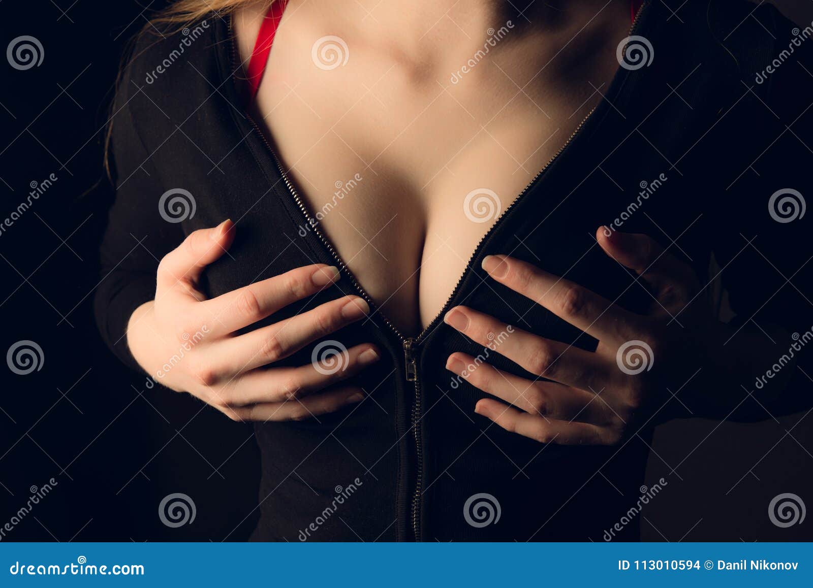 Woman Tits in Black Jacket. Stock Photo - Image of babe, black: 113010594