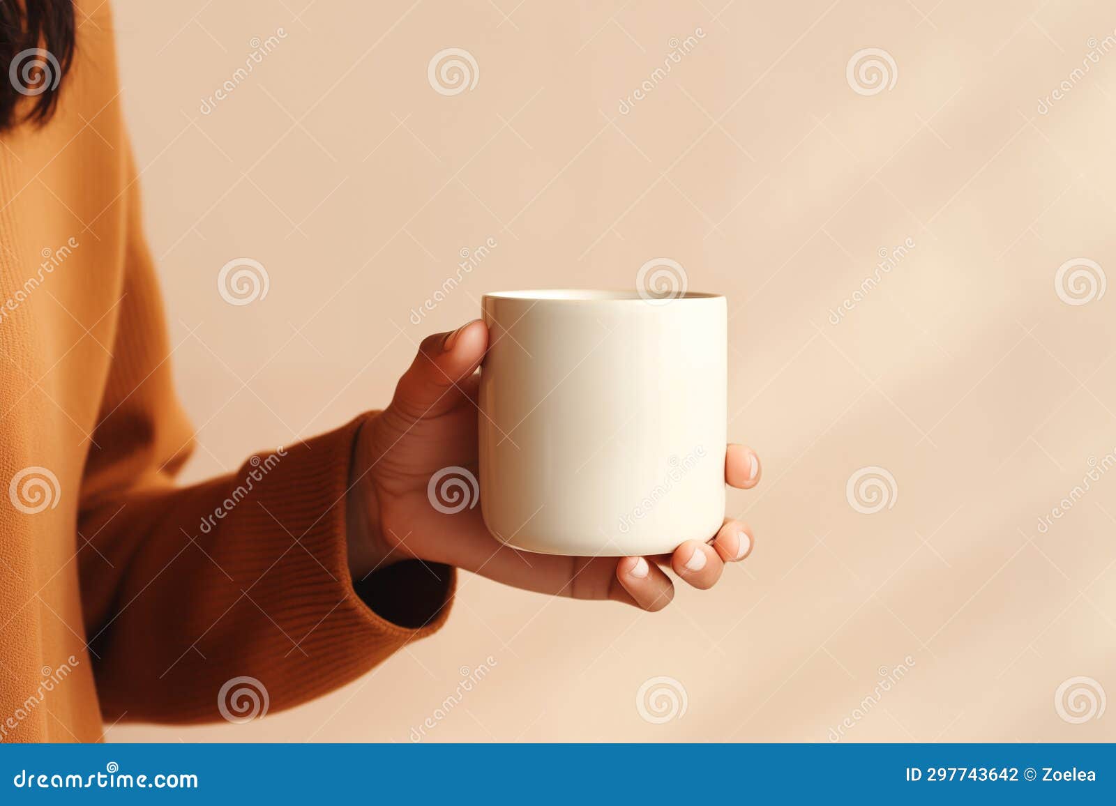 womans hand holding a plan white blank mug cup, warm neutral tones rustric cottagecore, product , small business