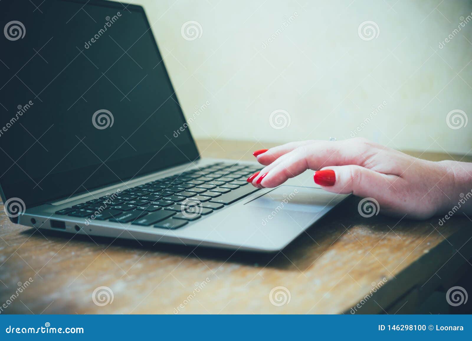Womans Hand With Red Nails On Laptop Keyboard Lady Using Laptop