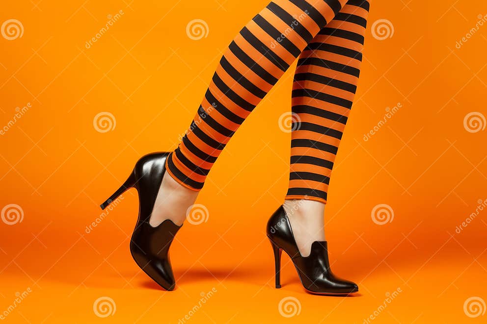 Womans Legs Wearing Witches Striped Tights and Shoes Stock Illustration ...