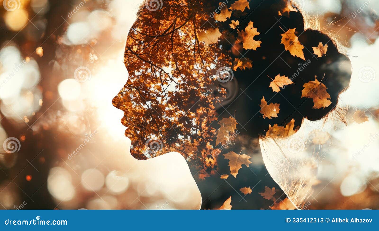 womans silhouette merged with autumn leaves in double exposure art