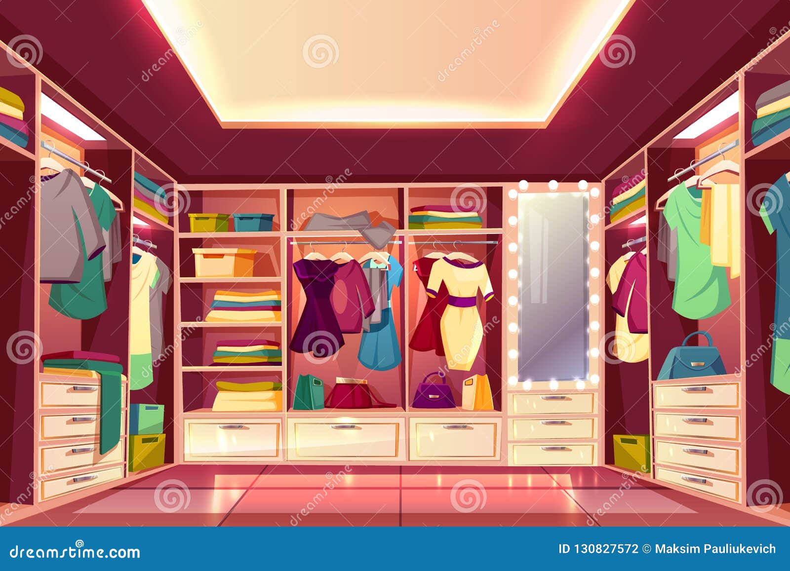 womans walk-in closet interior cartoon 