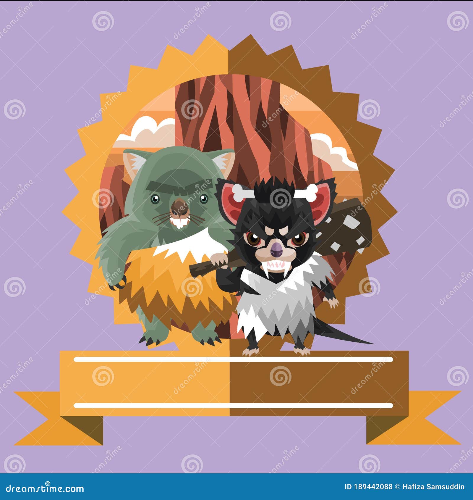 Wombat and Tasmanian Devil Caveman Label. Vector Illustration