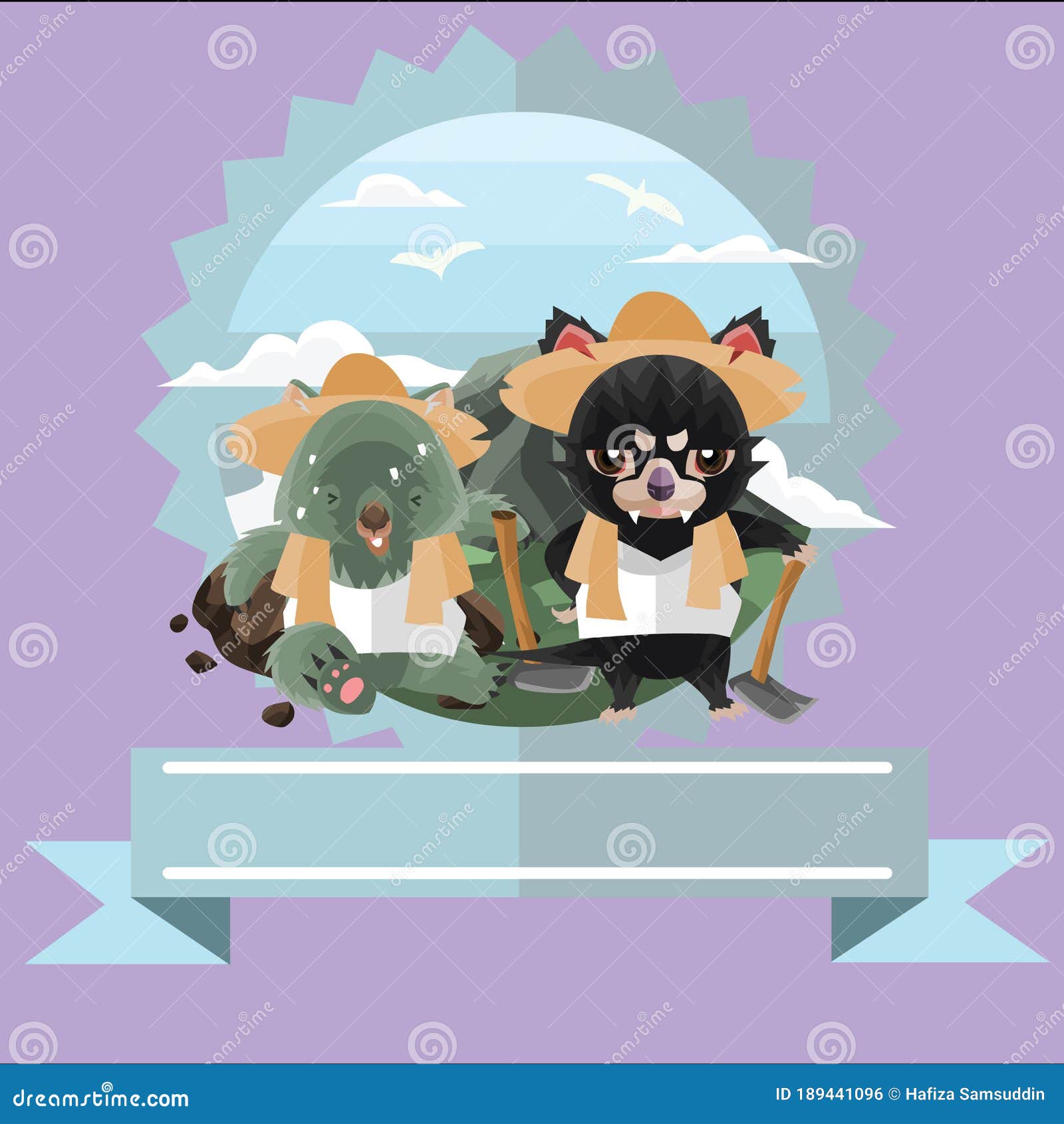 Wombat and Tasmanian Devil Farmer Label. Vector Illustration Decorative