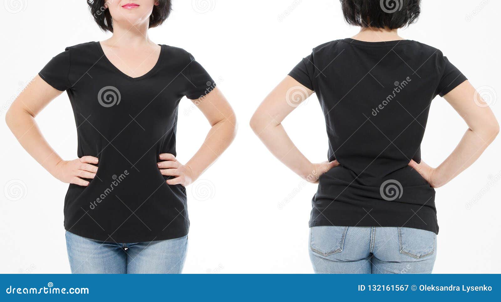 Women Black Blank T Shirt Front And Back Rear View Isolated On
