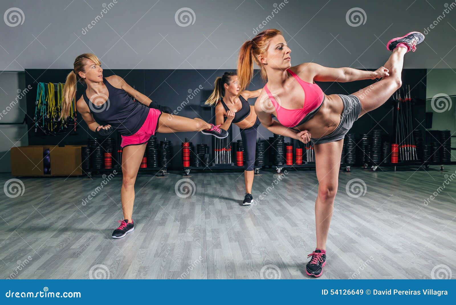 Women in a Boxing Class Training High Kick Stock Image Image of