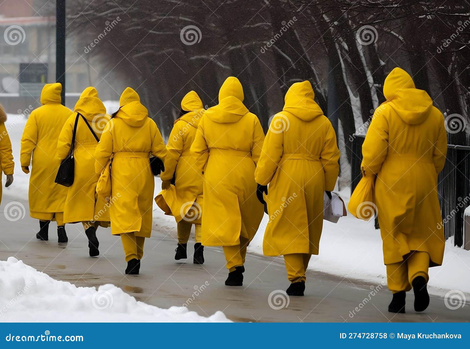 Women in Bright Yellow Coats in Winter Stock Illustration ...