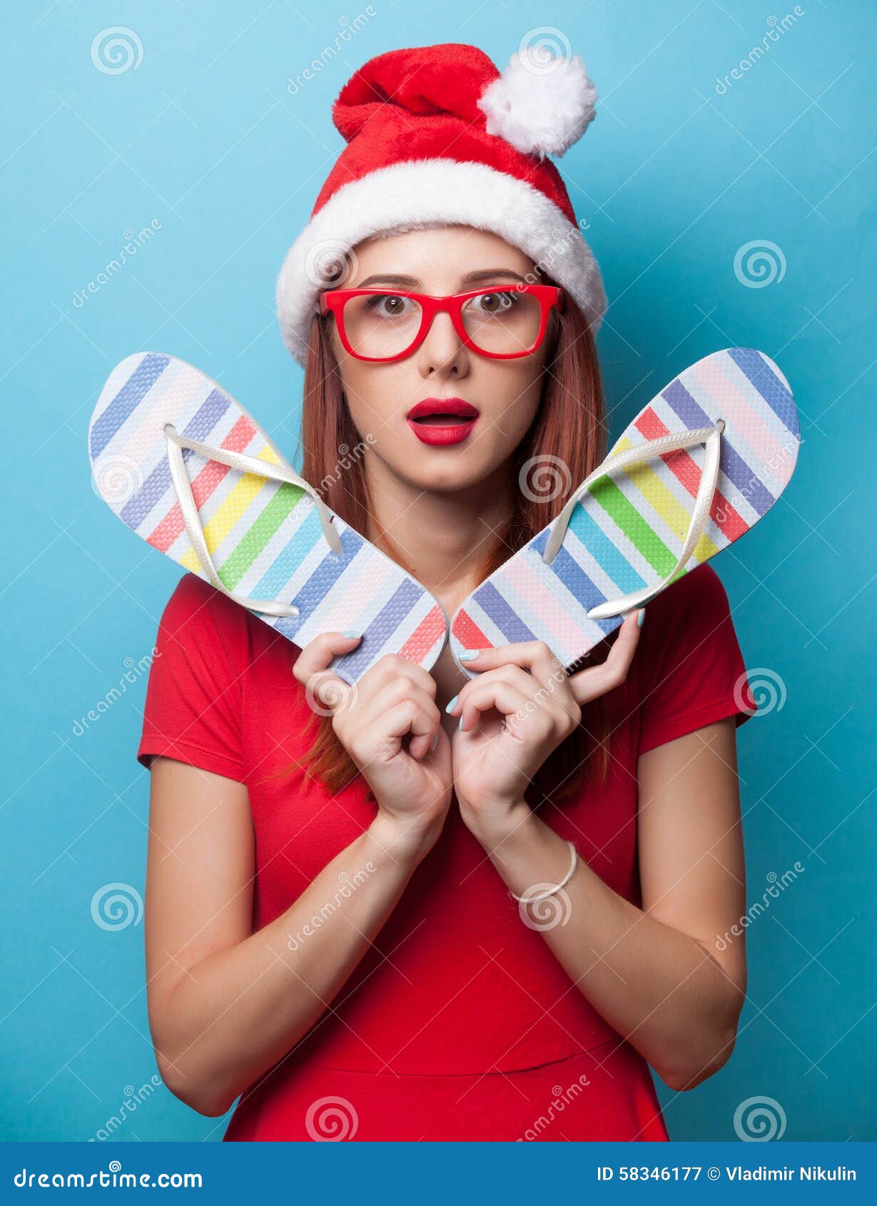 Women in Christmas Hat with Flip Flops Stock Image - Image of shoes ...