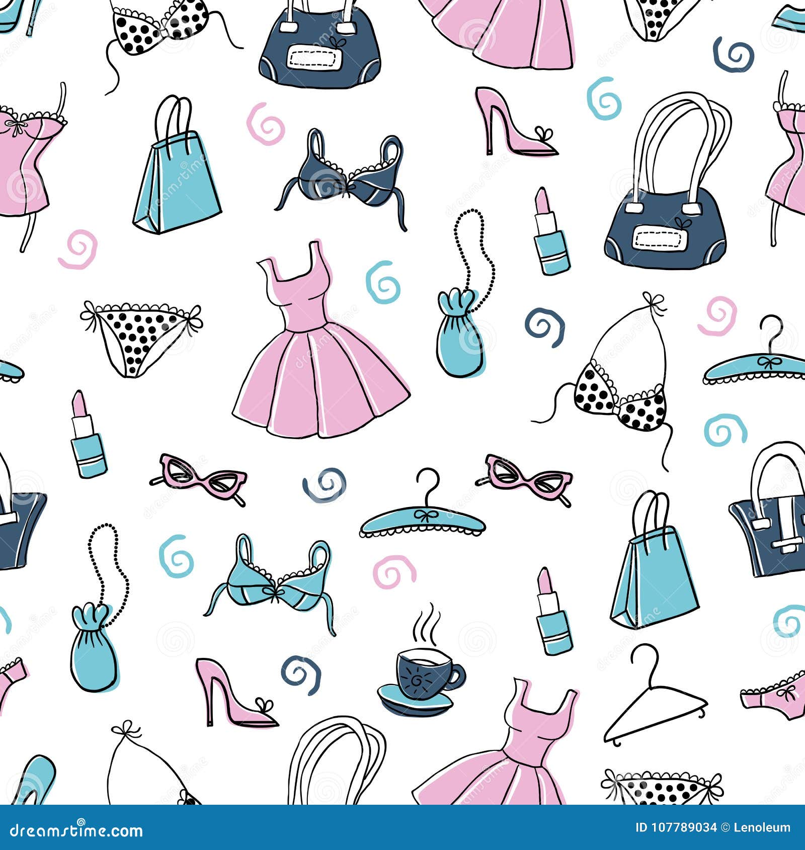Women Clothes and Accessories, Hand Drawn Doodle Seamless Pattern Stock ...