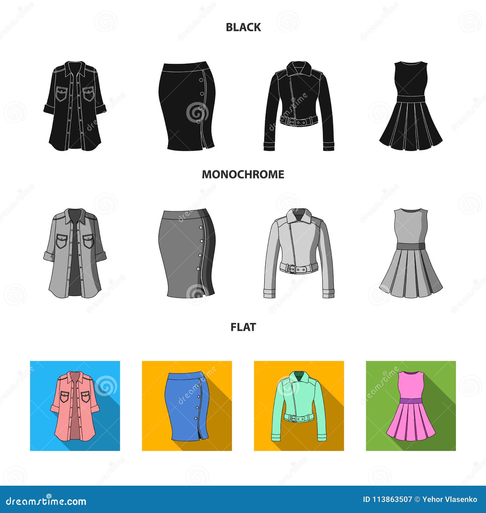 Women Clothing Black, Flat, Monochrome Icons in Set Collection for ...