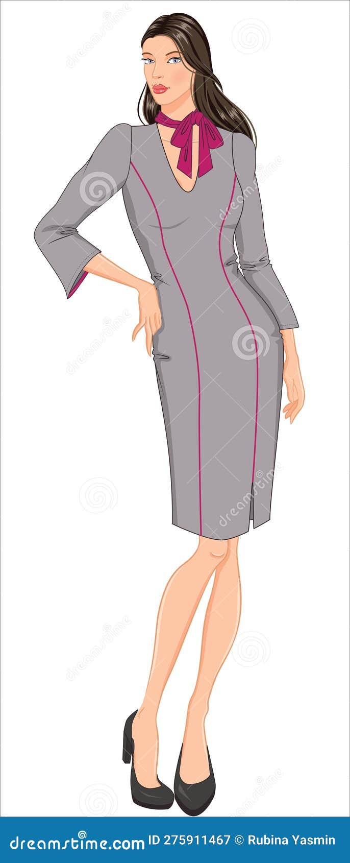 women croquis in smart uniform sheath dress with piping detail in princess seam and contrast scarf