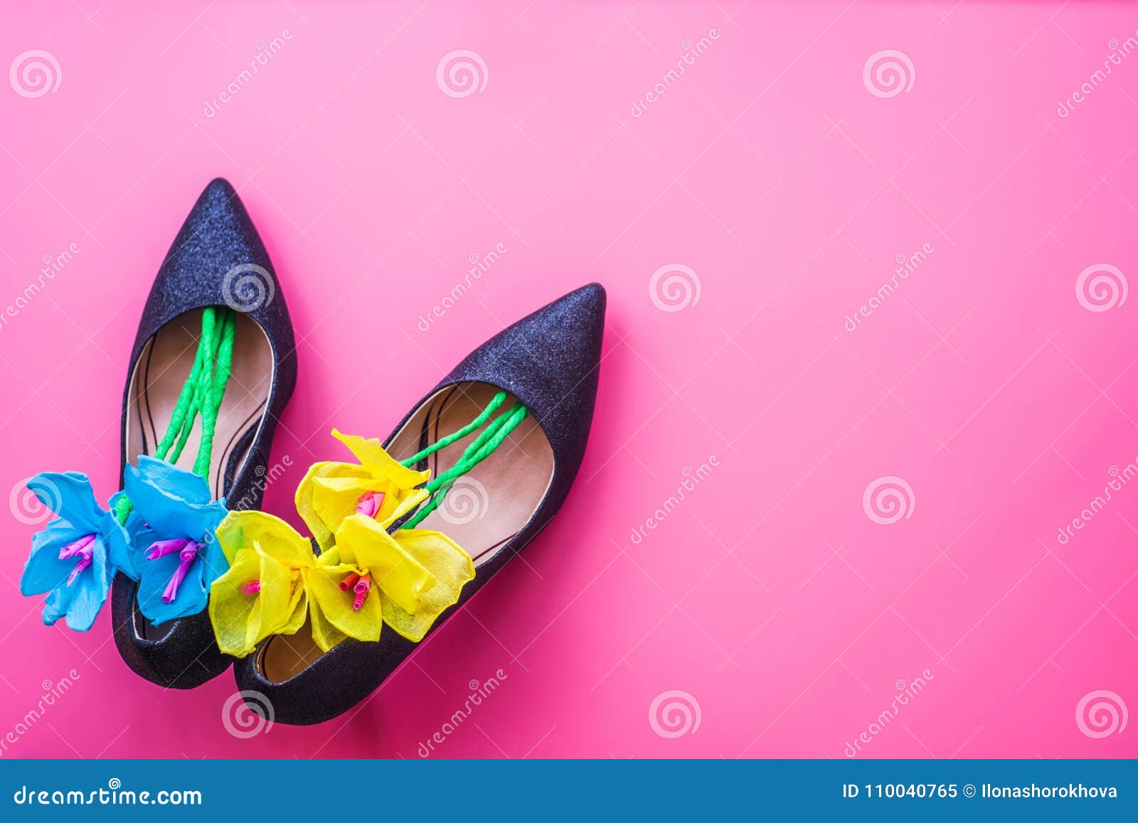 Woman`s High Heel Shoes with Paper Flowers Inside on Pink Background ...