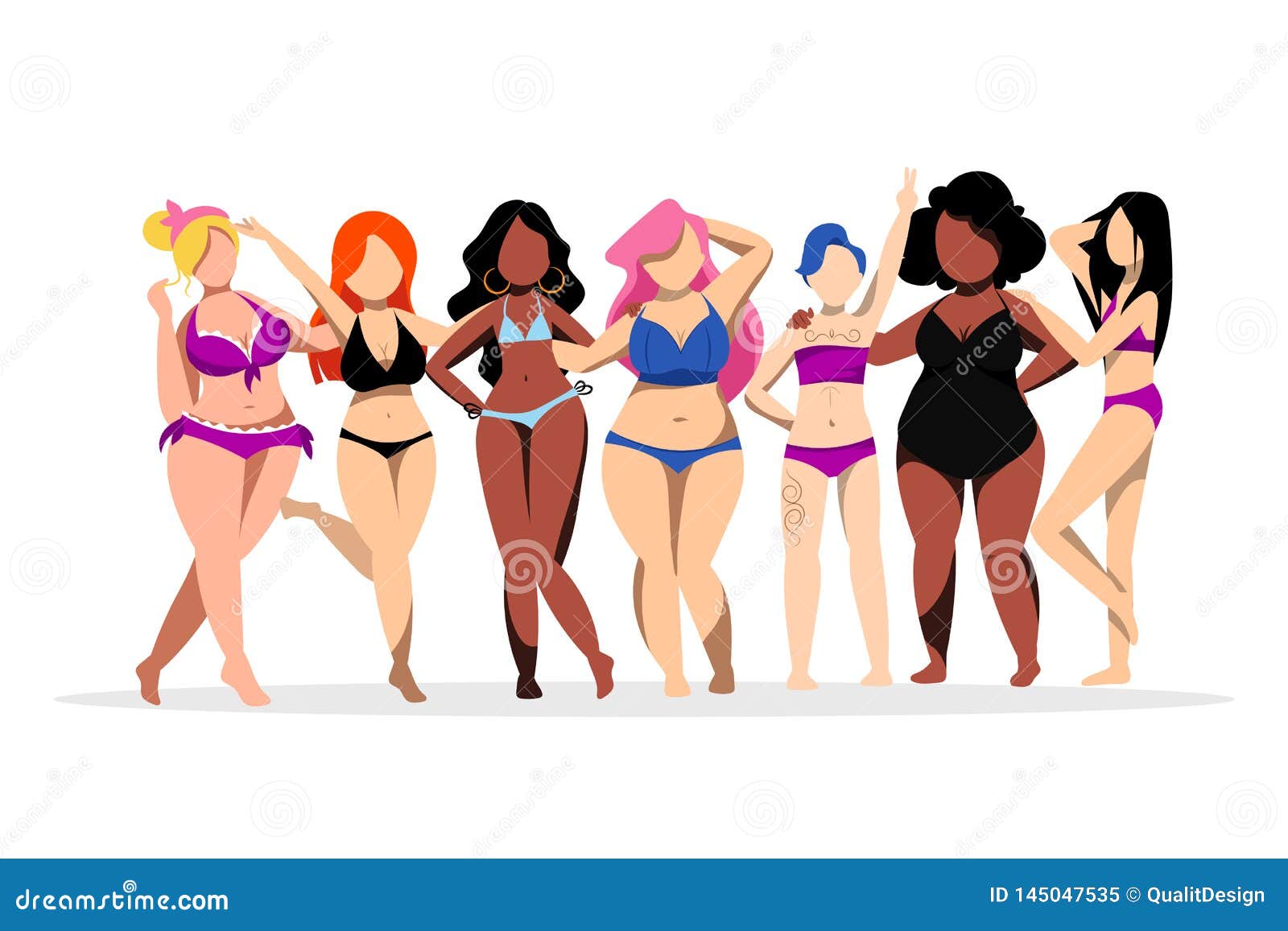 women with different figures, skin colors. body positive concept.  flat . plus size girls in bikini