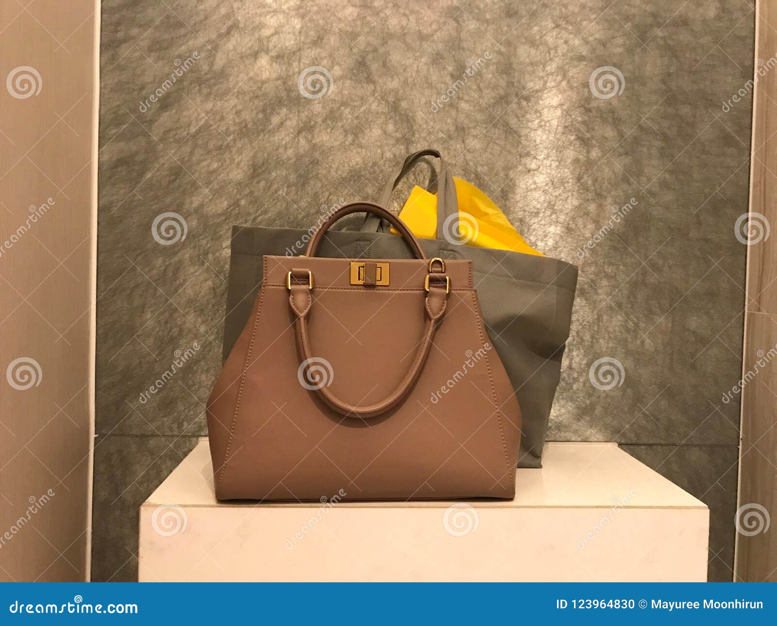 Women Leather Handbag with Shopping Bags Stock Photo - Image of object ...