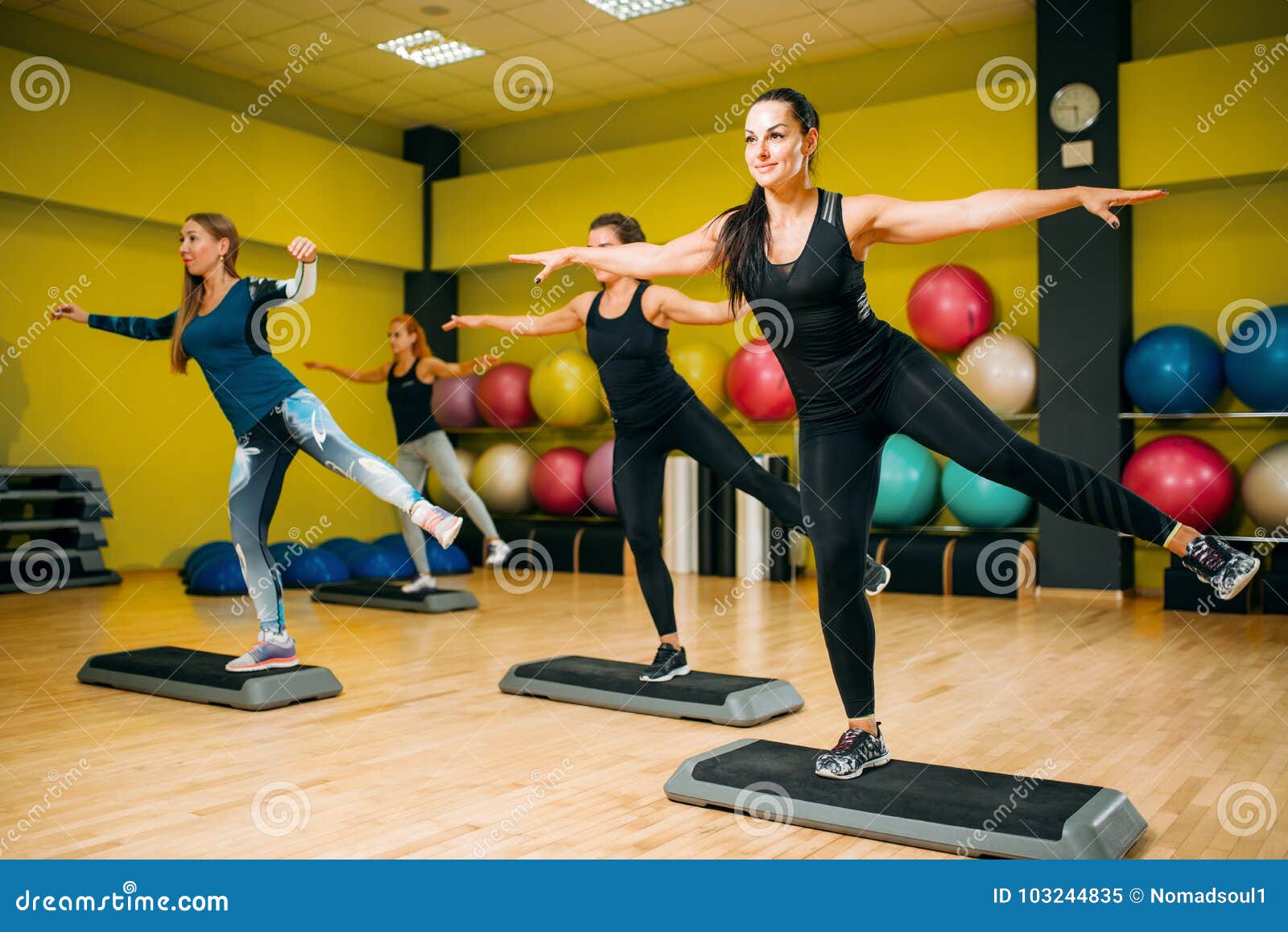 Women Group on Step Aerobic Training Stock Image - Image of coach
