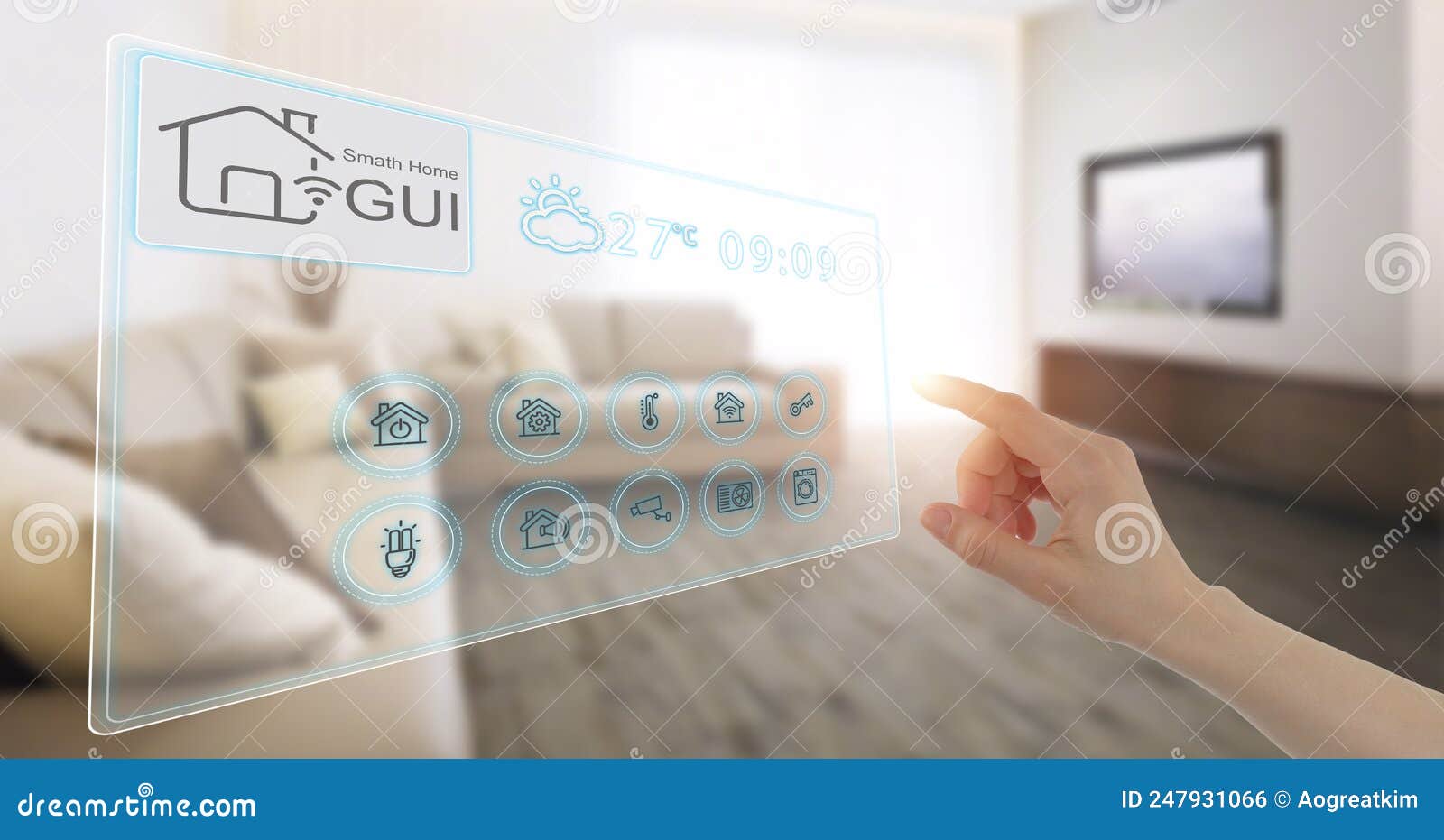 women hand point smarth home gui in livingroom. hand use smart screen smart home automation assistant on a virtual screen and a