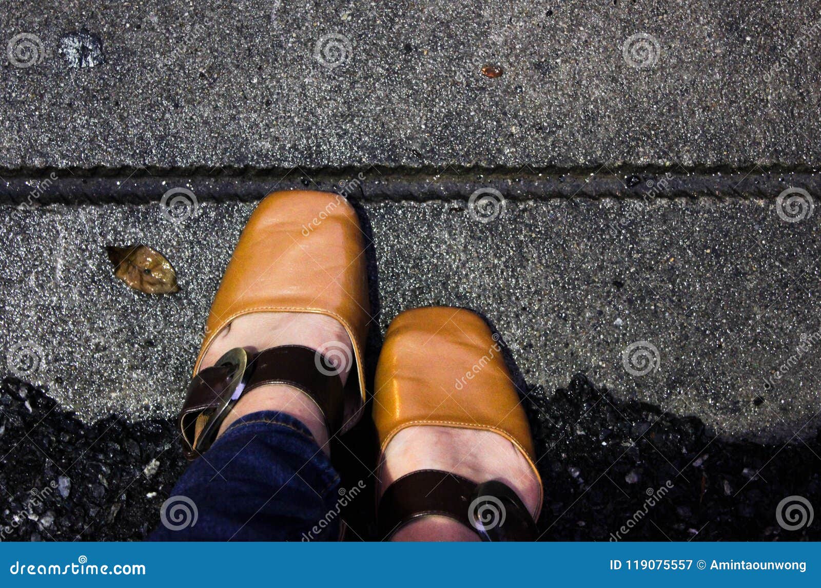 Women with Leather Shoes Steps on Concrete Floor, Top View Stock Image ...